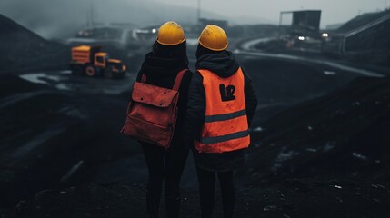 Two mining engineers in hard hats looking at an open pit mine, Two engineer looking at open-pit mine.