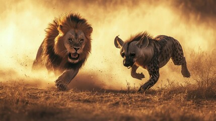 Poster - Lion and Hyena Charging Through Dust in the African Savanna