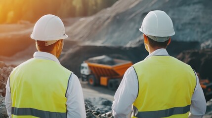 Two mining engineers in hard hats looking at an open pit mine, Two engineer looking at open-pit mine.