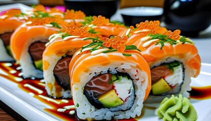 Vibrant close-up of sushi rolls featuring salmon, avocado, and tobiko, elegantly presented with soy sauce in an artistic arrangement