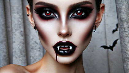 portrait of a woman vampire with a fangs, dark glamours male-up