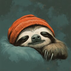 Sticker - A sloth sleeping peacefully in a cozy orange beanie.