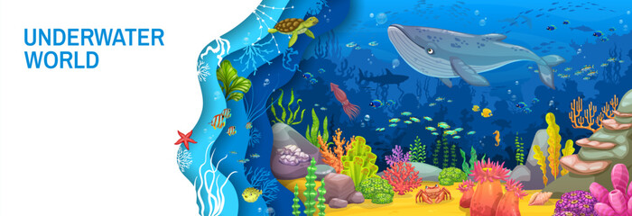 Wall Mural - Paper cut underwater landscape with cartoon whale and seaweeds on ocean bottom. Vector horizontal banner with marine animals like squid, crab, turtle, tropical seaweeds and coral reefs within 3d frame