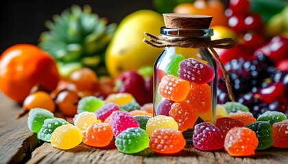 Wall Mural - Vibrant gummy candies cascading from a bottle on a rustic wooden table surrounded by a variety of fresh fruits