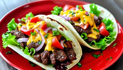 Wall Mural - Delicious beef tacos topped with cheese, fresh lettuce, tomatoes, and onions presented on a vibrant red plate