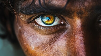 Sticker - Close-up of a Human Eye with a Golden-Brown Iris and Blue Sclera