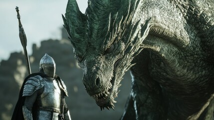 Poster - A Knight Faces a Green Dragon in a Dramatic Encounter