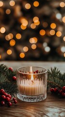 Wall Mural - A glass candle jar filled with cream wax and gentle flames rests on a wooden stand, surrounded by holly leaves and pine cones, enhancing the holiday ambiance