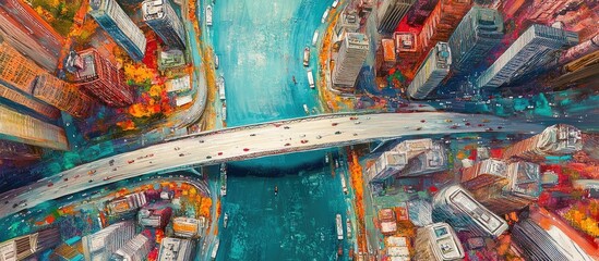 Aerial view of a bridge spanning a river connecting two urban areas Mixed media artwork depicting a vibrant city landscape