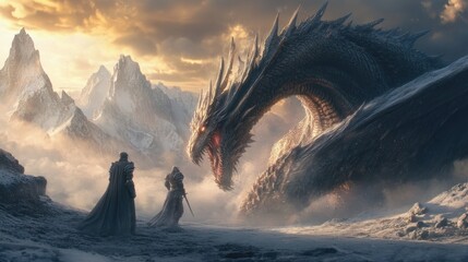 Poster - Two Figures Confront a Large, Ferocious Dragon in a Snowy Mountain Range