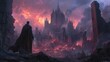 © Rere_Art151 - A lone figure stands amidst the ruins of a burning city, watching a massive gothic cathedral engulfed in flames.