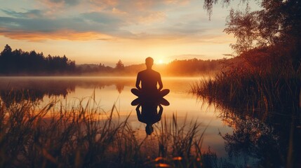 Wall Mural - Silhouette of a man meditating by a lake at sunset