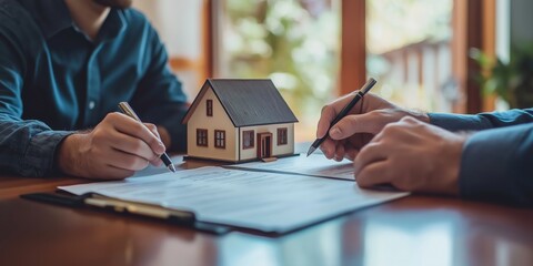 Two men are sitting at a table with a house model and pens. They are writing on a piece of paper