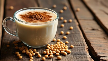 Wall Mural - Creamy soy milk garnished with cinnamon on a rustic wooden table surrounded by scattered soybeans