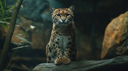 Wall Mural - A Close-Up of a Spotted Wild Cat Perched on a Branch