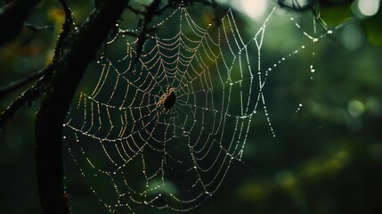 Poster - Dew-Covered Spiderweb with a Spider in the Center