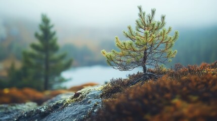 Poster - A Lone Pine Tree Growing on a Mossy Rock in a Foggy Forest