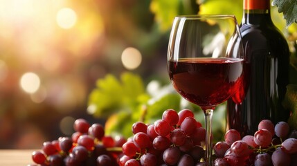 A bottle of red wine and a wine glass are on a table with a bunch of grapes