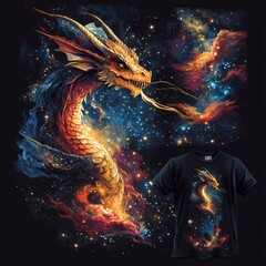 Wall Mural - A vibrant dragon graphic design on a black t-shirt.