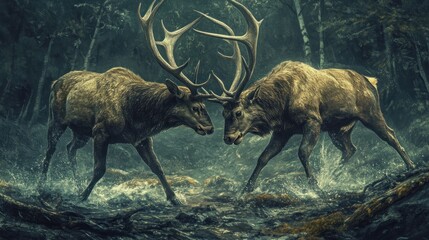 Sticker - Two Stags Locked in a Battle by a Forest Stream