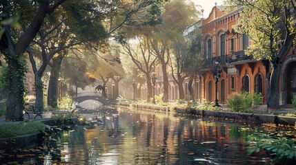 Poster - Peaceful Canal Scene with Golden Light and Lush Greenery