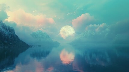 Wall Mural - Full Moon Rising Over Misty Mountains and a Still Lake