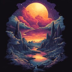 Sticker - A vibrant landscape featuring mountains and a large moon.