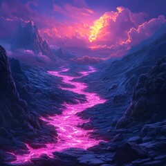 Sticker - A vibrant landscape with a glowing pink river at sunset.