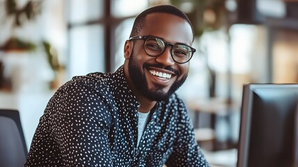 Sticker - Smiling Black Man with Glasses Wearing a Black and White Patterned Shirt