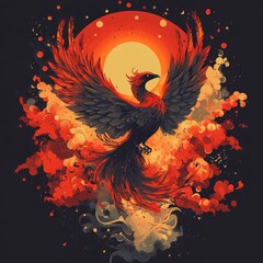 Wall Mural - A vibrant phoenix rising against a fiery sunset backdrop.