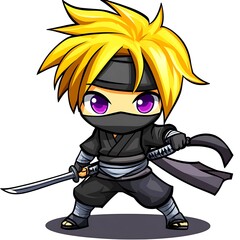 Wall Mural - Cute chibi ninja character with katana sword and headband illustration