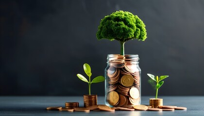 Wall Mural - Flourishing Tree Emerging from Jar of Coins, Symbolizing Financial Growth and Saving Strategies