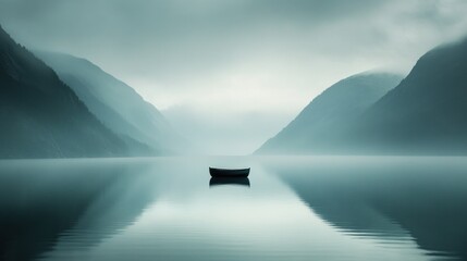 Wall Mural - A Lone Boat Rests on a Still, Foggy Lake Surrounded by Misty Mountains