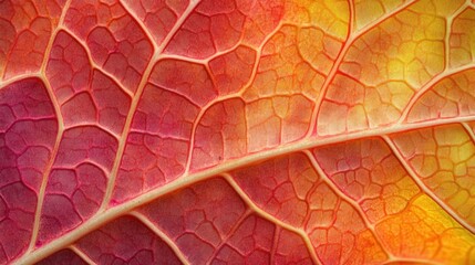 Sticker - Close-up of a vibrant, red and yellow leaf's intricate vein network.