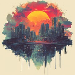 Sticker - A vibrant sunset over a futuristic cityscape reflection.