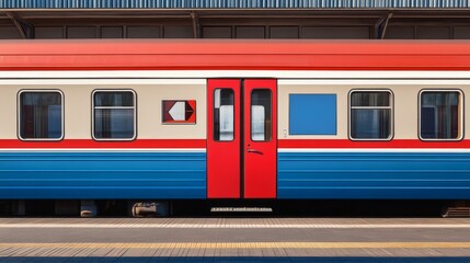 Open Door Of The Train. red, Blue, white Coach And Railway Station And Platform. 