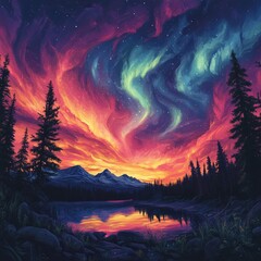 Sticker - A vibrant sunset with colorful auroras over mountains.