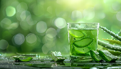 Aloe vera juice splashing on nature bokeh background