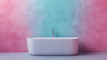 A sleek, modern bathtub set against a beautifully painted gradient wall transitioning from pink to blue, which adds a contemporary aesthetic to the bathroom space.