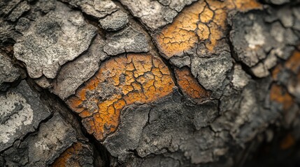 Poster - Close-up of Cracked and Weathered Tree Bark with Patches of Orange