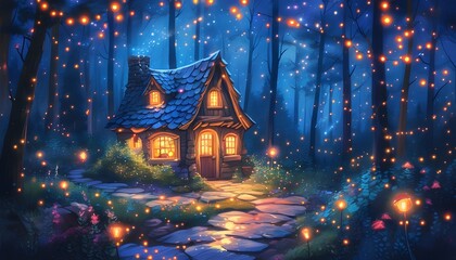 Enchanted Night in a Magical Forest with Glowing Lights and a Cozy House