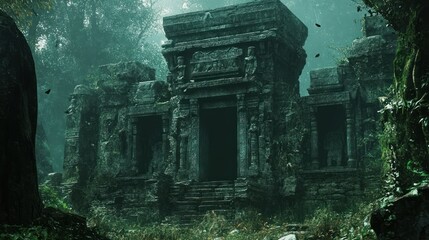 Canvas Print - Ancient Stone Temple Hidden in a Lush, Foggy Jungle