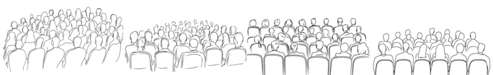 Modern illustration character of audience in the conference hall background. Outline, thin line artwork, hand drawn sketch drawing.