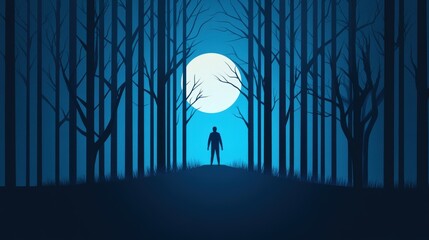 Wall Mural - A silhouette of a person walking through a dense forest at night, highlighting the dangers lurking in the shadows.