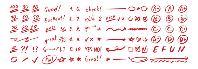 English test exam red pen mark. School teacher test. A B C D Doodle outline hand drawn style