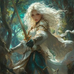 Poster - A warrior woman in a mystical forest, holding a sword.