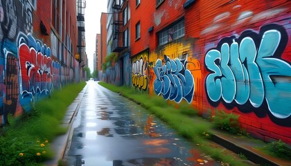 Wall Mural - Urban alley adorned with vibrant graffiti, reflecting puddles on the wet pavement, creating a captivating low angle city street scene