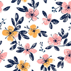 Wall Mural - Hand drawn Flowers seamless pattern with brush style texture on white background. floral pattern.