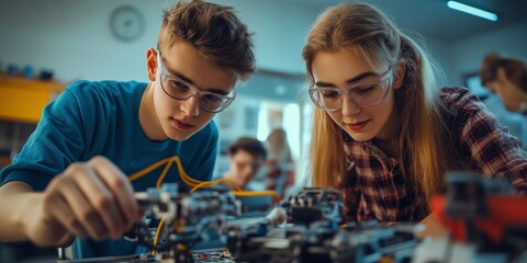 Two young people are working on a robot in a classroom. One of them is wearing glasses. The other person is wearing a blue shirt