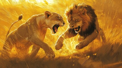 Canvas Print - A Lion and Lioness Confront Each Other in a Golden Savannah Setting